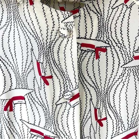 Bergdorf Goodman Bow-Neck Hat Print Silk Cream Red Easter Silk Midi Dress Size L - Picture 5 of 10